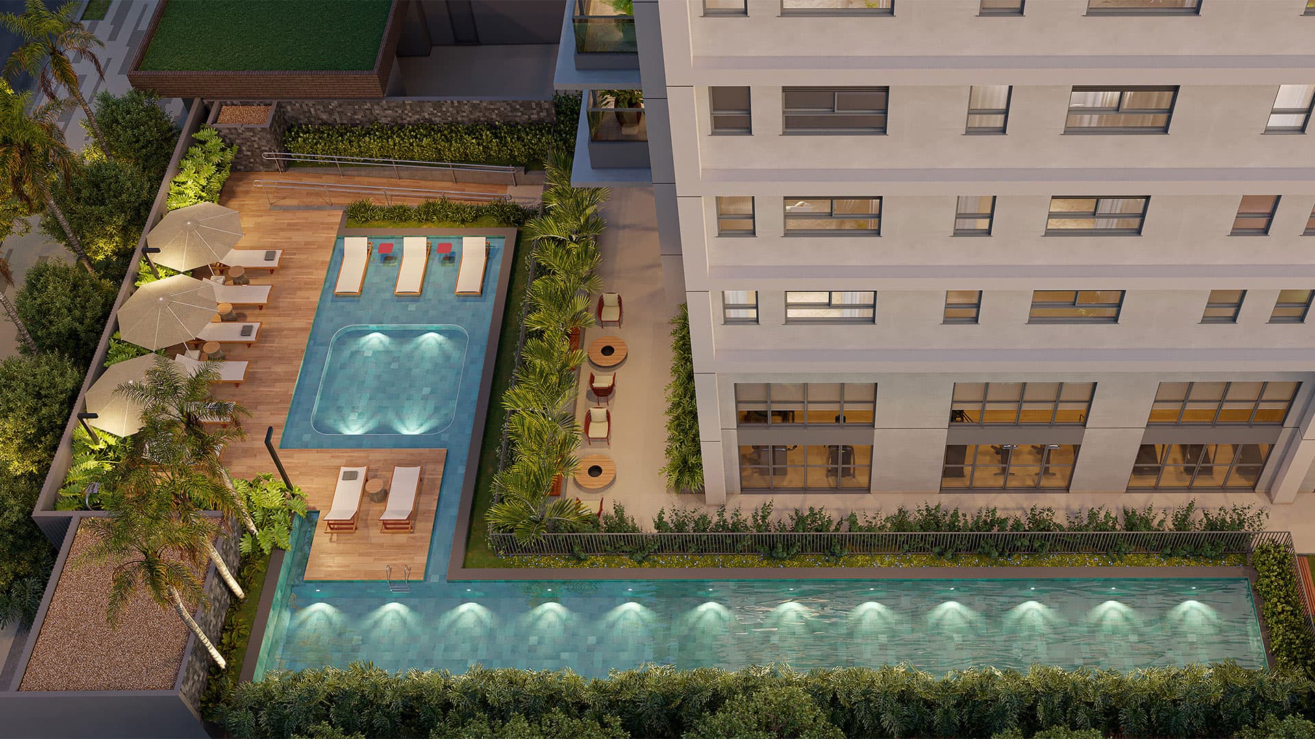 Piscina climatizada e deck.